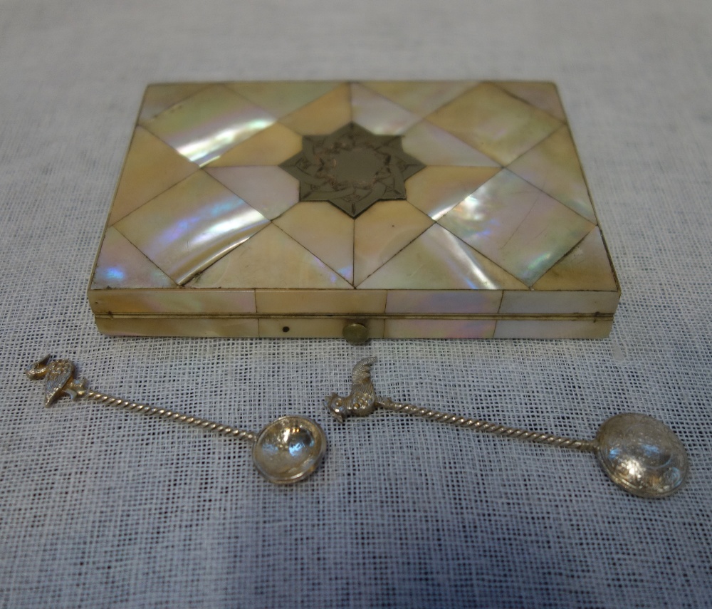 A VICTORIAN MOTHER OF PEARL CARD CASE and two small white metal spoons