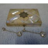 A VICTORIAN MOTHER OF PEARL CARD CASE and two small white metal spoons