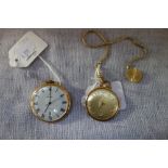ENICAR: Gold plated pocket watch with manual wind movement, white dial, black Roman numerals, dark