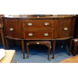 A GEORGE III MAHOGANY AND SATINWOOD SIDEBOARD, with brass rail, 155cm wide
