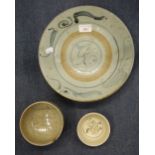 A CHINESE HAND-PAINTED BOWL with crackle glaze,12cm dia, a small Chinese bowl, 9.5cm dia and a
