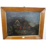 A HUNT MEET, oil on panel c. 19th Century in an early 19th Century broad oak veneered frame