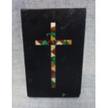 A PIETRA DURA SLAB decorated with stone specimens forming a cross, 14cm x 9cm