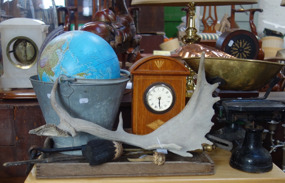 A COPPER TRAY, set of kitchen scales and sundries