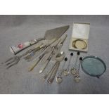 A COLLECTION OF SILVER AND PLATED CUTLERY, including Victorian silver bracelets and mother of