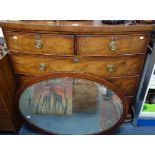 A 19TH CENTURY MAHOGANY BOWFRONT CHEST OF DRAWERS, 105cm wide and an Edwardian mahogany oval