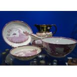 A COLLECTION OF 19TH CENTURY PINK LUSTRE CERAMICS and a similar jug