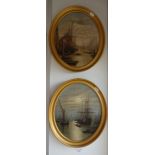 'TALL SHIPS IN HARBOUR BY MOONLIGHT', oil on board and companion picture both in oval gilt frames