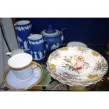 A WEDGWOOD BLUE JASPERWARE TEAPOT, with matching ceramics, a 19th century dessert plate and