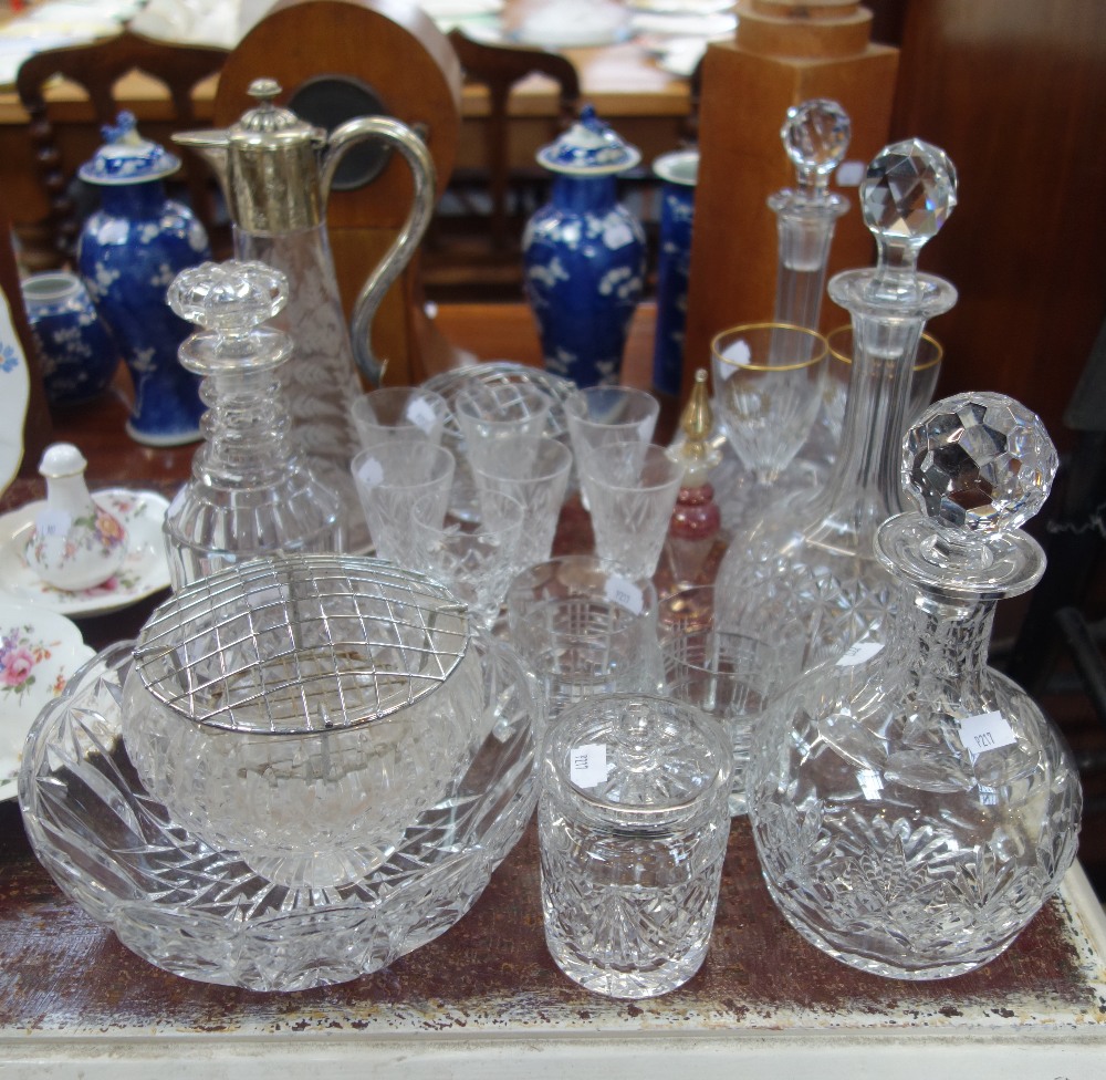 A VICTORIAN CUT GLASS CLARET JUG with plated top and a collection of glassware