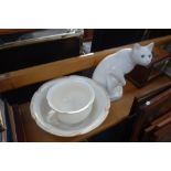 A LARGE CERAMIC CAT, a chamber pot and wash basin (3)