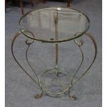 A METAL FRAMED GLASS TOP OCCASIONAL TABLE, with scrolling legs and verdigris finish