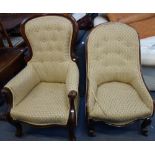 A VICTORIAN MAHOGANY SHOW WOOD FRAMED ARMCHAIR, upholstered in champagne coloured material and