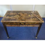 AN 18TH CENTURY JAPANNED PINE AND BAMBOO TABLE, with extensive chinoiserie decoration on tapered