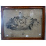 A 19TH CENTURY LITHOGRAPH OF CORFE CASTLE, in a maple frame