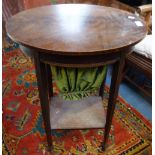 AN EDWARDIAN SHERATON REVIVAL WORK TABLE, with fitted drawer and suspended bag on tapered legs