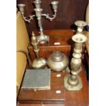 A 19TH CENTURY BRASS BOUND WALNUT WRITING SLOPE, a pair of brass candlesticks and sundries