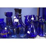 A COLLECTION OF BRISTOL BLUE GLASSWARE, to include a cut glass jug, a decanter and similar