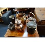 A SMALL VICTORIAN COPPER KETTLE, an Indian metal lidded pot and similar metalware