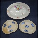 A 19TH CENTURY DERBY MEAT PLATE hand-painted with floral sprays, 36cm wide and a pair of Derby