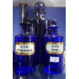 A PAIR OF 19TH CENTURY BRISTOL BLUE APOTHECARY JARS, 'SYR : RHEI.' and 'SYR : RHOEADOS' and a larger