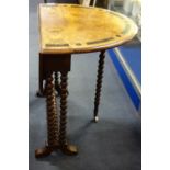 A VICTORIAN BURR WALNUT AND INLAID OVAL TOP SUTHERLAND TABLE of small proportions, 60cm wide