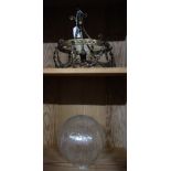 AN EDWARDIAN GILT BRASS HANGING LIGHT FITTING, swag decoration and a crackle glass globular lamp