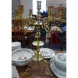 A DUTCH STYLE SEVEN LIGHT BRASS CANDELABRA, with six numbered removable branches with engraved