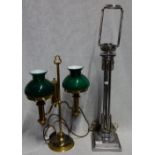 A BRASS TWO BRANCHED STUDENT'S LAMP, with green glass shades and a chrome plated pillar table lamp