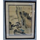 A CHINESE YURU PAINTING OF A MOUNTAIN RETREAT on a rocky outcrop, Republic period, signed, 41cm high