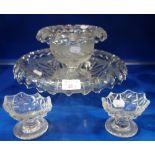A VICTORIAN CUT GLASS AND FROSTED BOWL with a matching footed bowl and a pair of George III glass