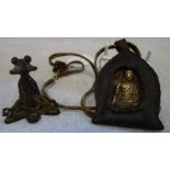 A TIBETAN BRONZE DEITY ICON PENDANT in a leather case and a miniature Chinese bronze of a meditating