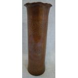 AN ARTS & CRAFTS COPPER CYLINDER VASE decorated with a Scottie dog, 23cm high