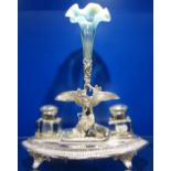 A VICTORIAN SILVER PLATED DESK STAND, with a pair of inkwells flanking an eagle surmounted by a