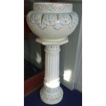 A VICTORIAN CREAM GLAZED AND GILT JARDINIERE ON STAND, 104cm high