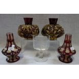 A PAIR OF VICTORIAN BOHEMIAN RED OVERLAID GLASS BOTTLES, 12.5cm high, a pair of Victorian ruby glass