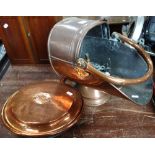 A COPPER COAL SCUTTLE, COAL TONGS, and other metalware