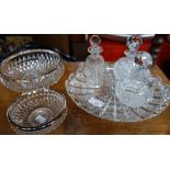 A PAIR OF CUT GLASS SCENT BOTTLES, a cut glass dish and similar glass