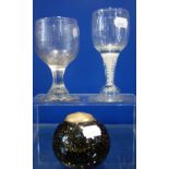 AN 18TH CENTURY AIR TWIST GLASS, 14.5cm high, A Victorian glass and a bubble paperweight (3)