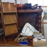 A COLLECTION OF VINTAGE JELLY MOULDS, a pair of brass piano candlesticks, a 1950s coat hook, with