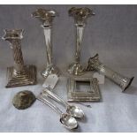 A PAIR OF SILVER POSY VASES and a collection of similar items