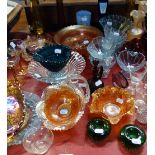 A PAIR OF AMBER GLASS CANDLESTICKS and similar coloured glassware