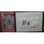T WHITTAKER: Edwardian children paddling at the sea, watercolour and two prints of Roman wall