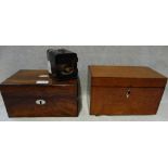 A REGENCY TEA CADDY, a Victorian rosewood box and a small Oriental cabinet (3)