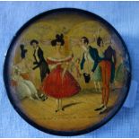 A REGENCY PAPIER MACHE CIRCULAR BOX, the top decorated with a coloured print of a dance, 8.5cm dia.