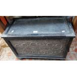 AN EARLY 20TH CENTURY BOX with embossed pewter panels, 65cm wide