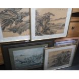 THREE CHINESE WATERCOLOURS ON SILK and a collection of pictures and prints