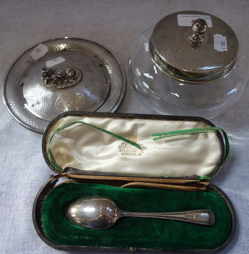 A WHITE METAL BUTTER PLATE AND COVER, the cover decorated with a cow, a dressing table jar and a