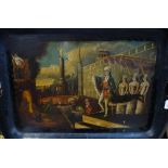 A LARGE 19TH CENTURY TOLEWARE TRAY, painted with a Biblical scene 'King Nebuchadnezzar', 77.5cm