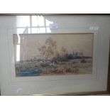 F G FRASER: Figures by a stream with church spire in the distance, watercolour, signed and dated "